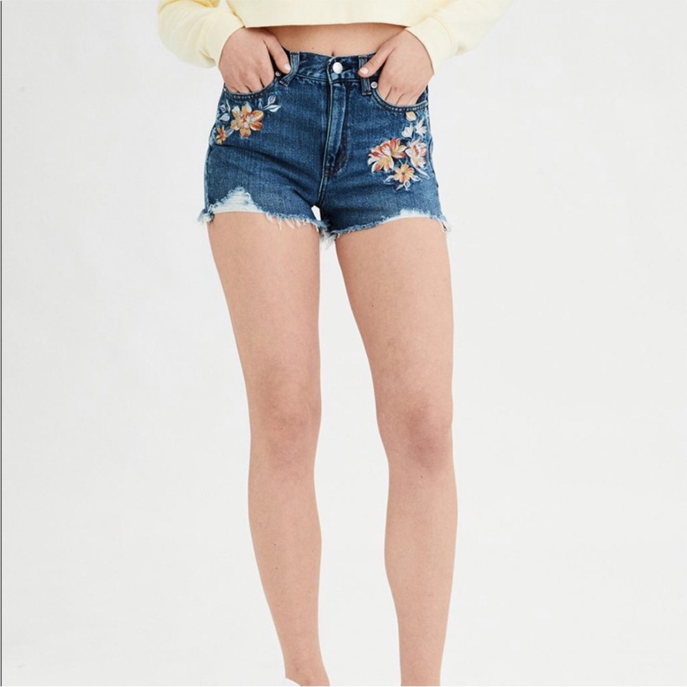 American Eagle Blue Jean Mom Shorts with Floral Embroidery